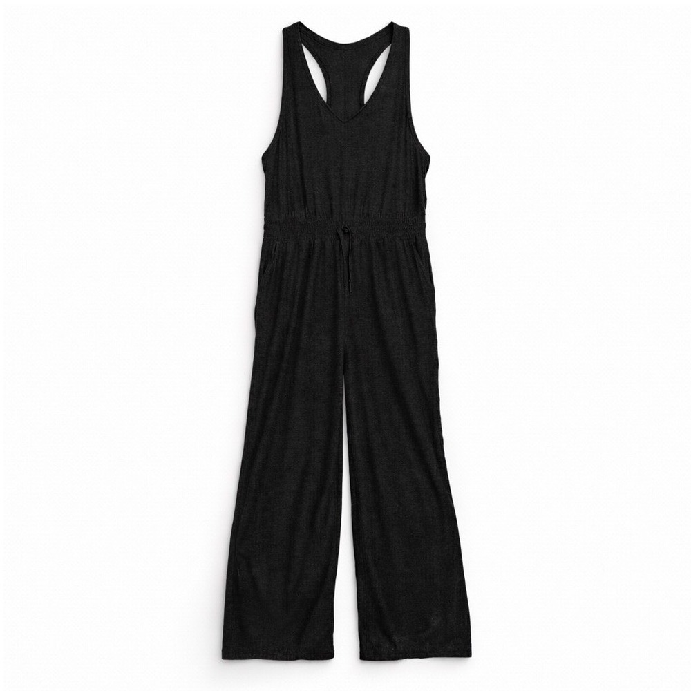 FLX Travel Leisure Black Racerback Jumpsuit Size L‎ Wide Leg Stretch Athleisure